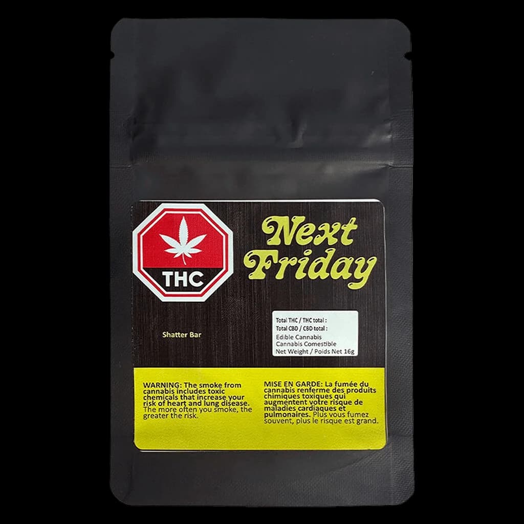 Emballage de chocolat comestible au cannabis Shatter Bar de Next Friday 16 g avec symbole d'avertissement THC rouge et étiquette d'avertissement jaune de Santé Canada