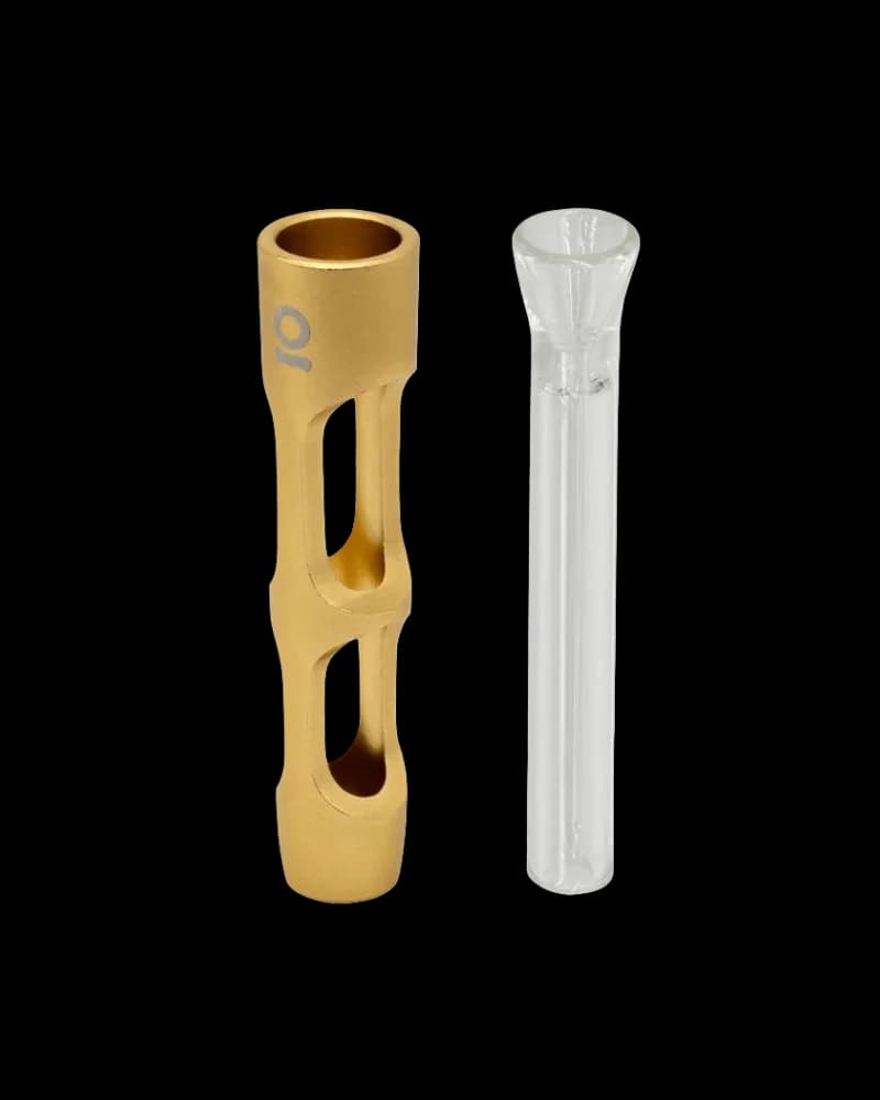 Gold anodized aluminum one-hitter pipe with grip handles and clear glass filter tube, cannabis smoking accessories