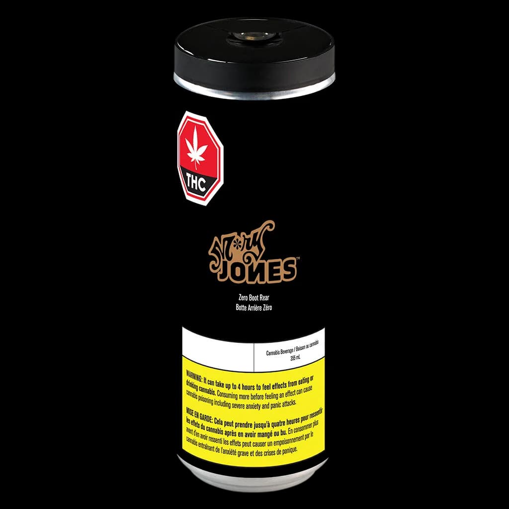 Mary Jones Zero Boot Rear cannabis beverage, 355 mL can with black label, red THC warning symbol, and yellow Health Canada warning band