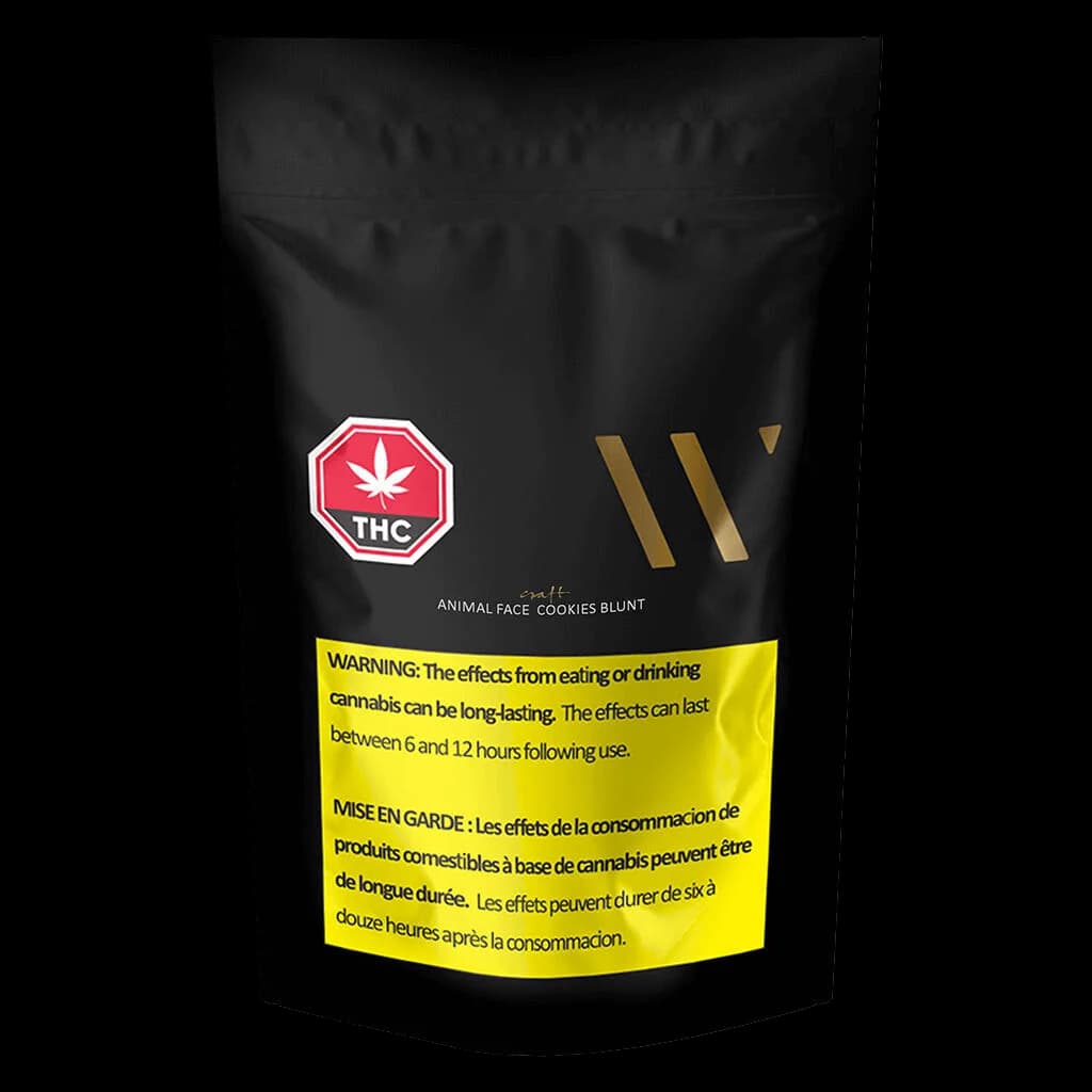 Animal Face Cookies Blunt pre-roll pack with red THC warning symbol and yellow Health Canada warning label on black pouch