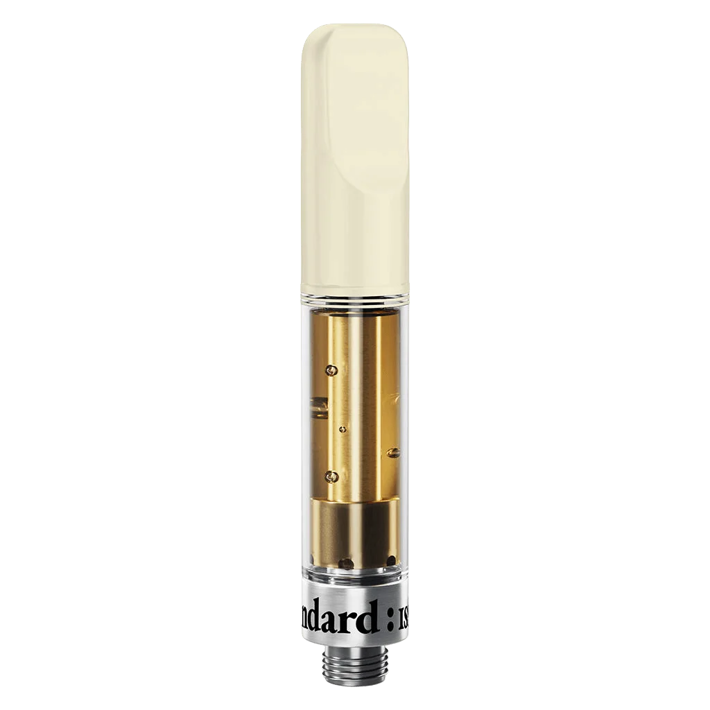 Standard Issue Strawberry Lemonade 510 thread vape cartridge with cream-colored mouthpiece and gold heating element
