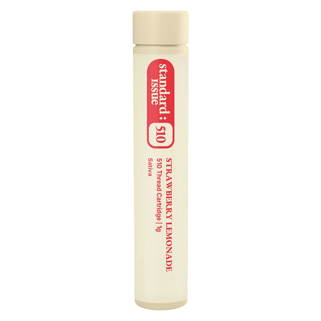 Standard Issue Strawberry Lemonade 510 thread vape cartridge, 1g, cream-colored tube with red label