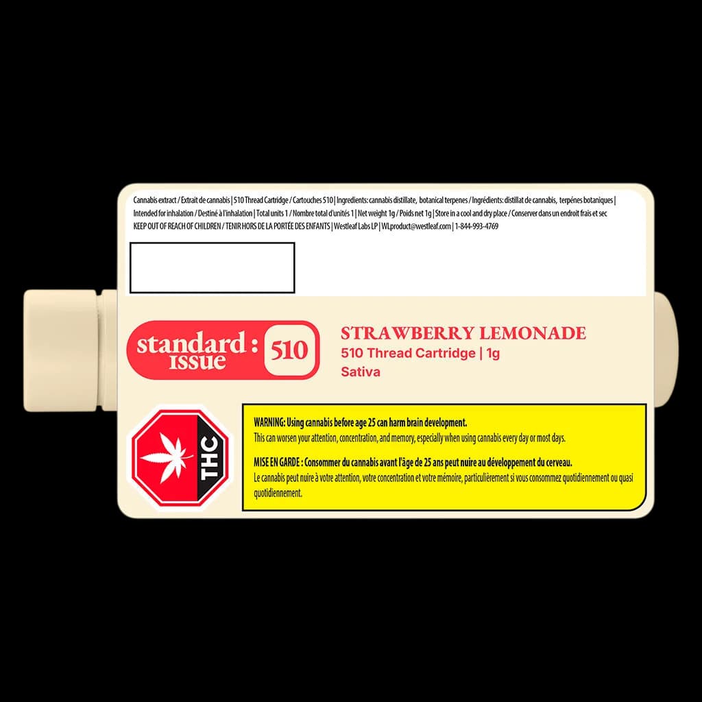 Standard Issue Strawberry Lemonade 510 Thread Cartridge 1g, Sativa cannabis vape cartridge with packaging and Health Canada warning label