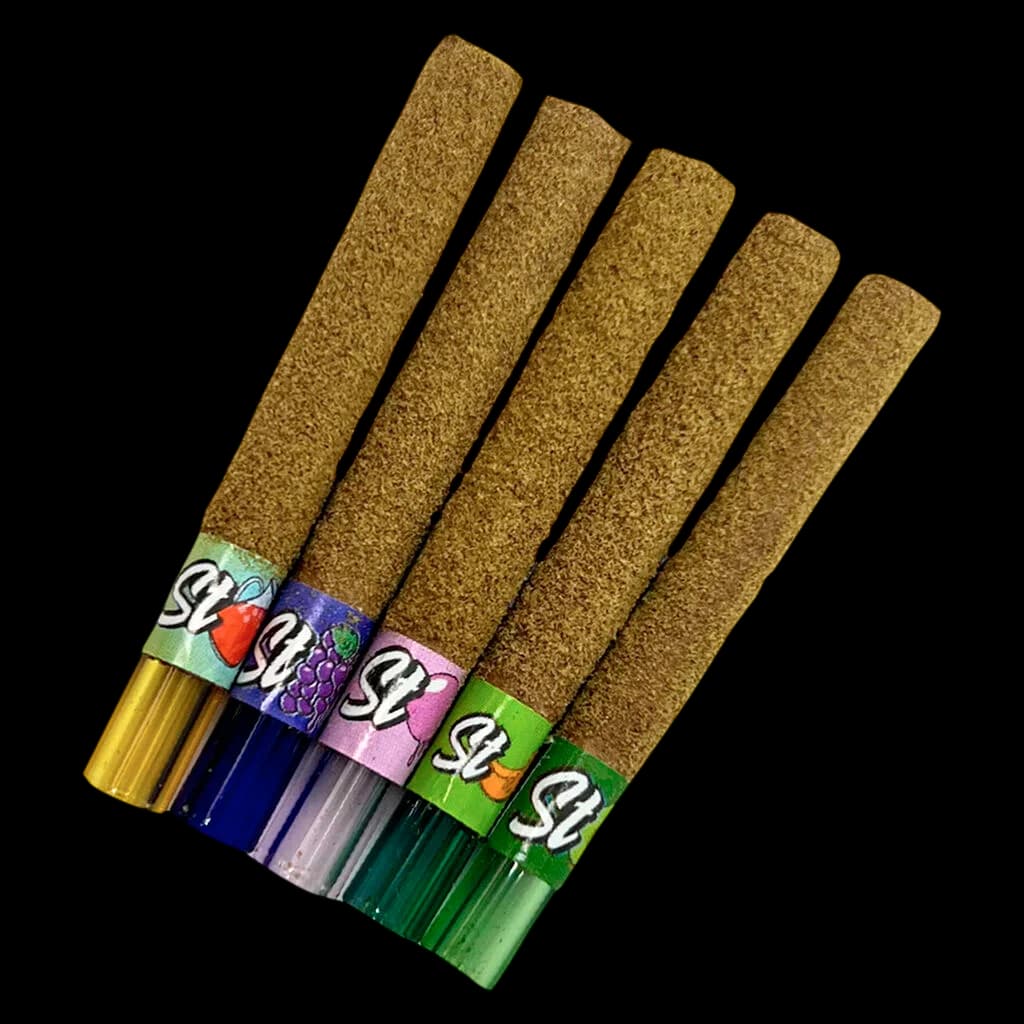 Status Liquid Diamond Infused Kief Coated Blunt Mix Pack with five pre-rolls featuring colorful band labels and golden kief coating