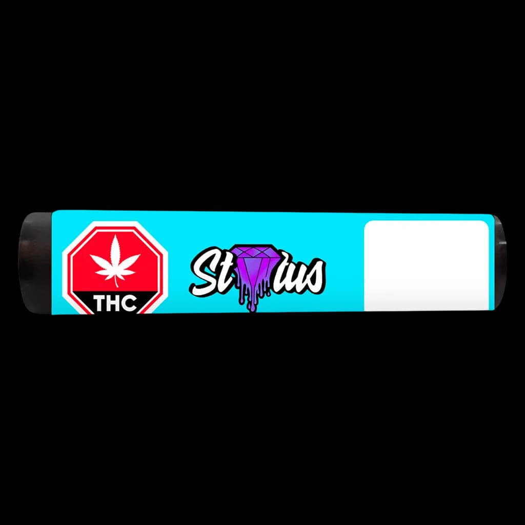 Status Liquid Diamond Infused Kief Coated Blunt Mix Pack with THC warning symbol on bright turquoise packaging