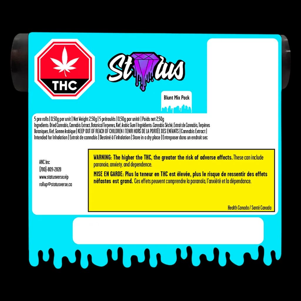 Status Blunt Mix Pack, 5 pre-rolls 0.50g per unit, 250g net weight, cannabis pre-roll pack with purple diamond logo on bright turquoise packaging