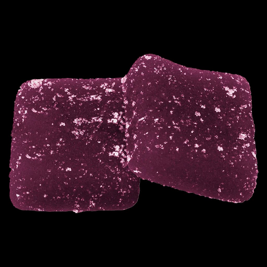 Bonbons mous Wyld Real Fruit Boysenberry 2:1:1 CBD:THC:CBN, deux carrés violet foncé saupoudrés de sucre