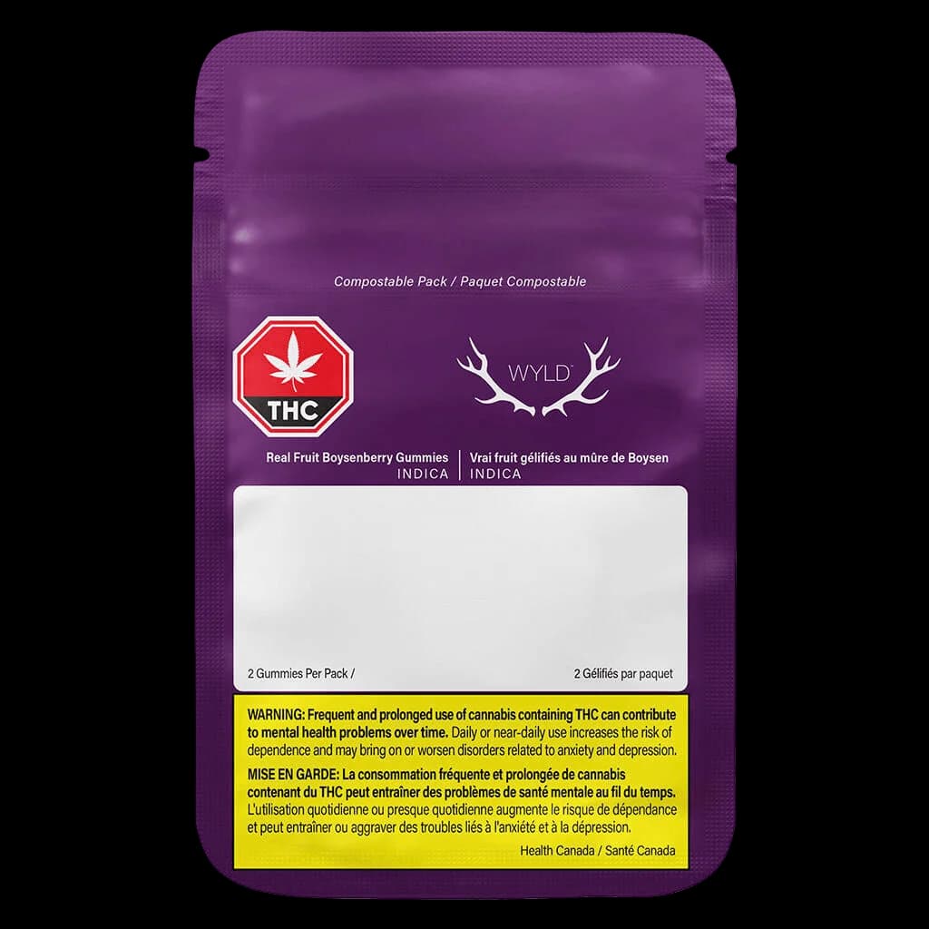 Gommes Wyld aux vraies baies boysen en emballage de 2, comestible cannabis indica en emballage compostable violet avec étiquette d'avertissement THC