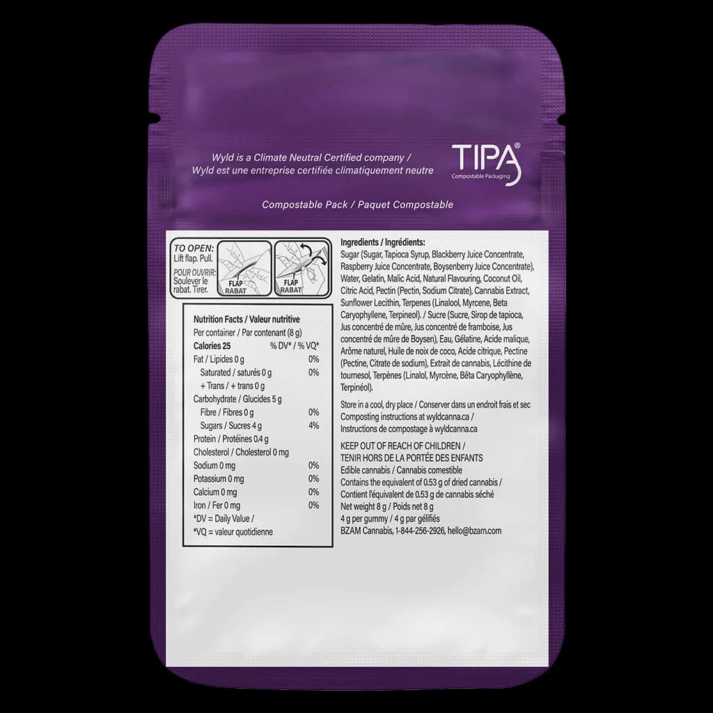 Emballage arrière des gommes Wyld Real Fruit Boysenberry 2:1:1 CBD:THC:CBN montrant les informations nutritionnelles, les ingrédients et les instructions de compostage