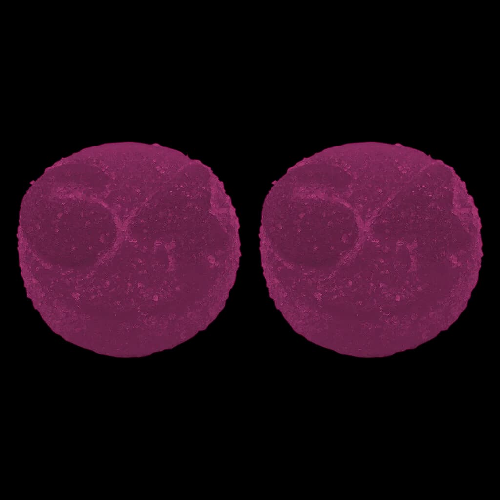 Two deep purple, round cannabis gummies with textured surface. 1964 THC:CBD Cherry Cola Live Rosin soft chews.