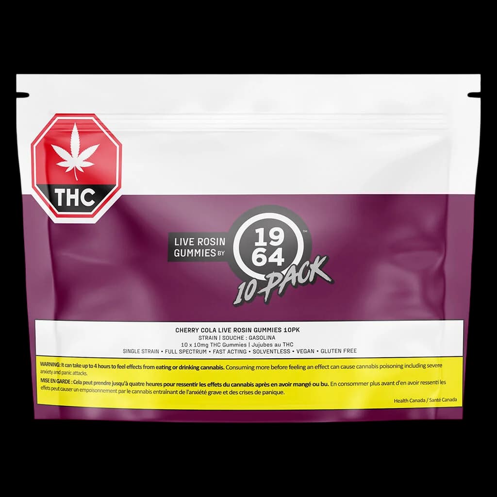 1964 Cherry Cola Live Rosin Gummies 10-pack, 10 x 10mg THC, full spectrum cannabis edible with yellow Health Canada warning label