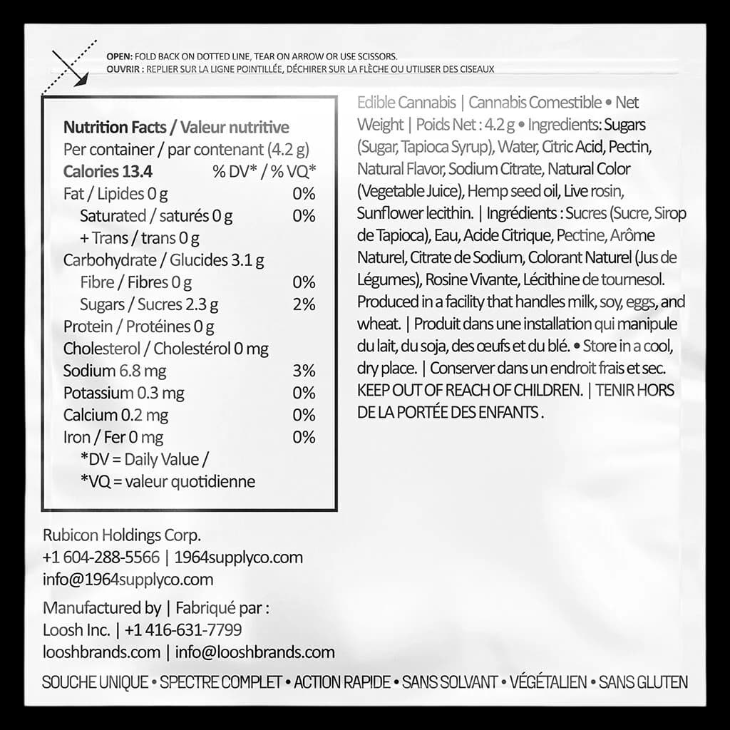 1964 Edible Cannabis Cherry Cola Live Rosin Gummies 4.2g nutrition facts and ingredients label