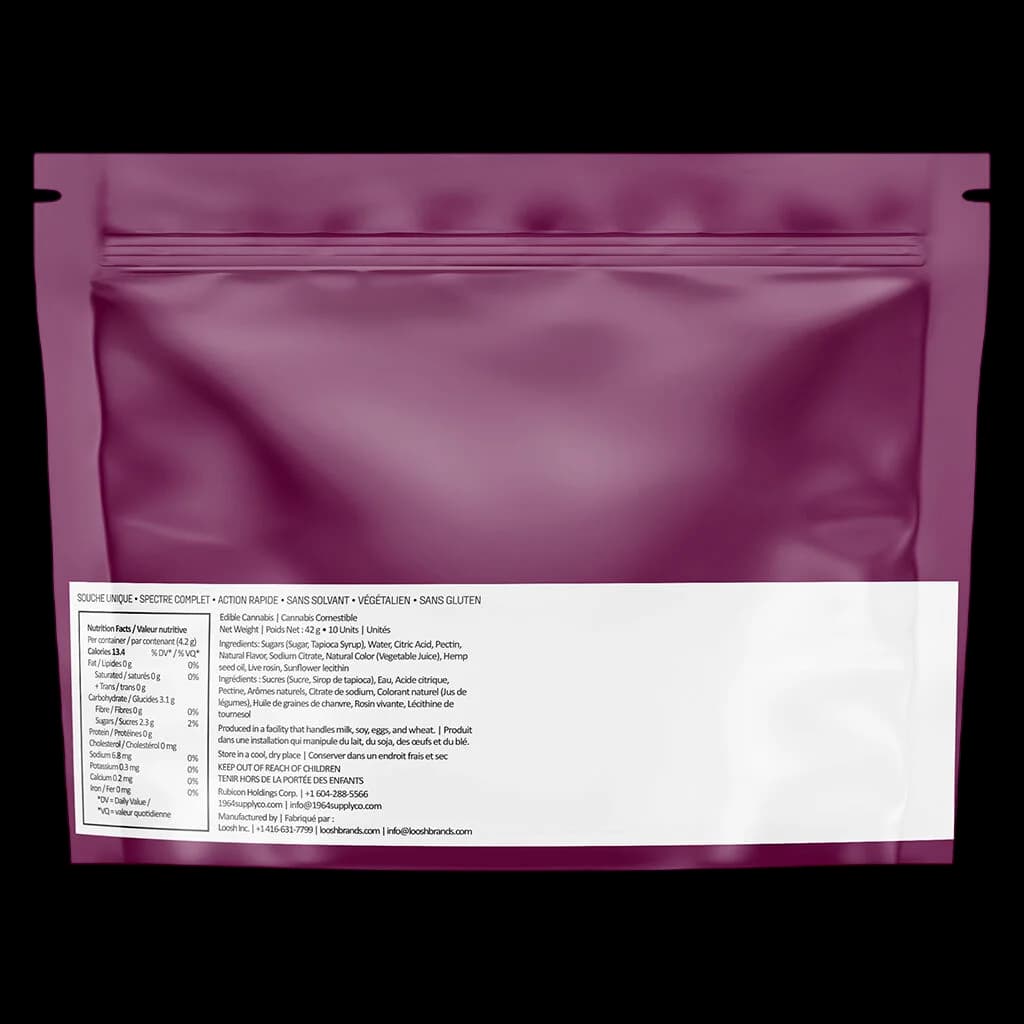 1964 THC:CBD Cherry Cola Live Rosin Gummies 42g package with nutrition facts and bilingual ingredient label