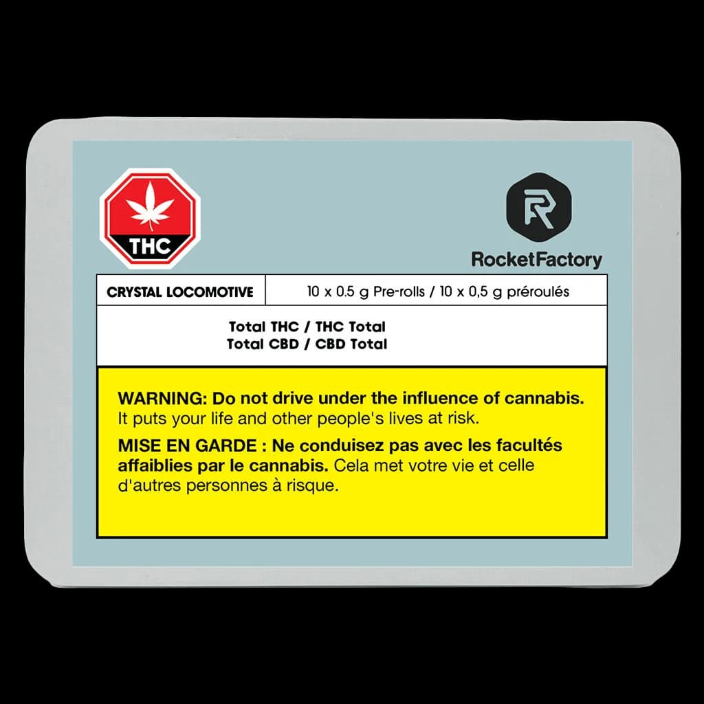 Rocket Factory Crystal Locomotive pre-roll package front showing 10 x 0.5g pre-rolls with THC warning label
