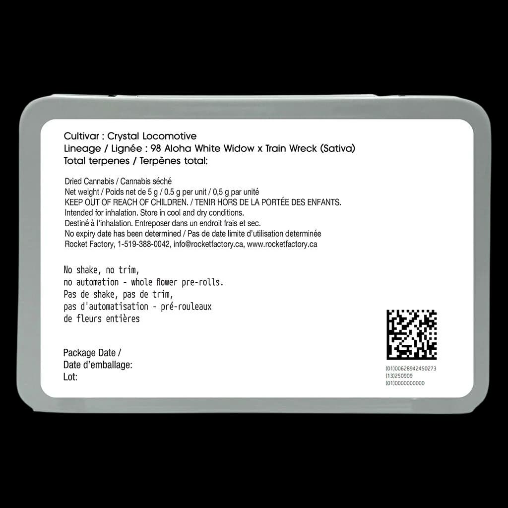 Rocket Factory Crystal Locomotive pre-roll package label showing cultivar, lineage, and regulatory information with QR code
