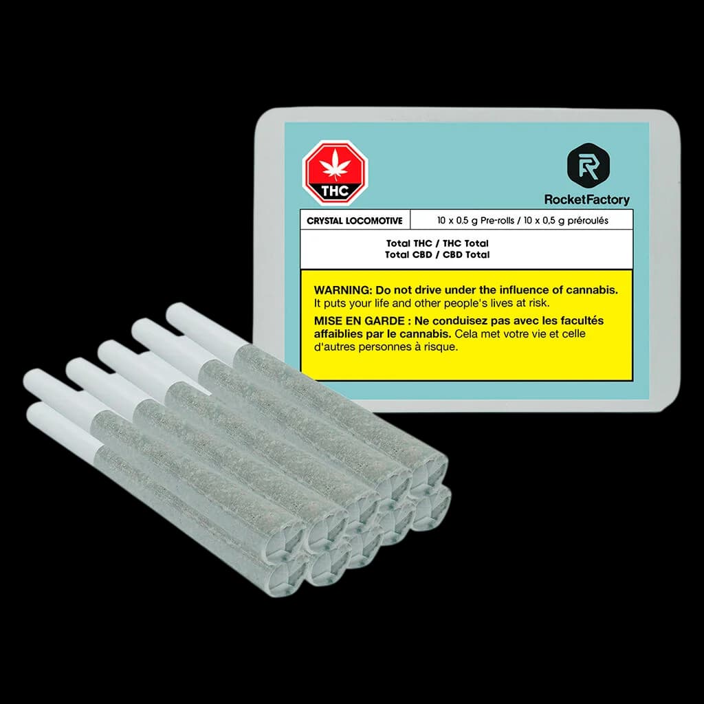 Rocket Factory Crystal Locomotive pre-rolls, 10 × 0.5g pack with turquoise packaging and Health Canada warning label