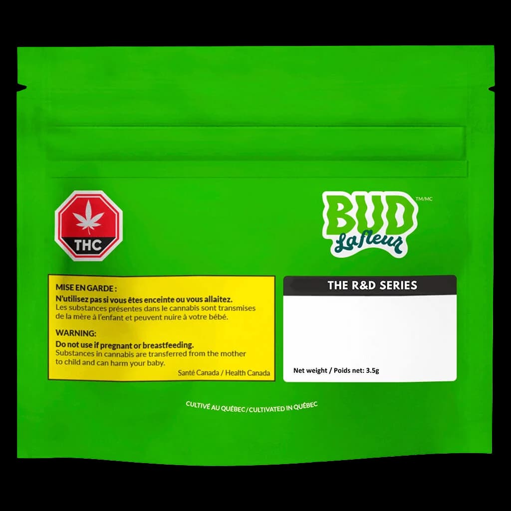 Pochette de 3,5 g de fleurs de cannabis séchées Bud Lafleur The R&D Series avec emballage vert, symbole d'avertissement THC et étiquette d'avertissement de Santé Canada