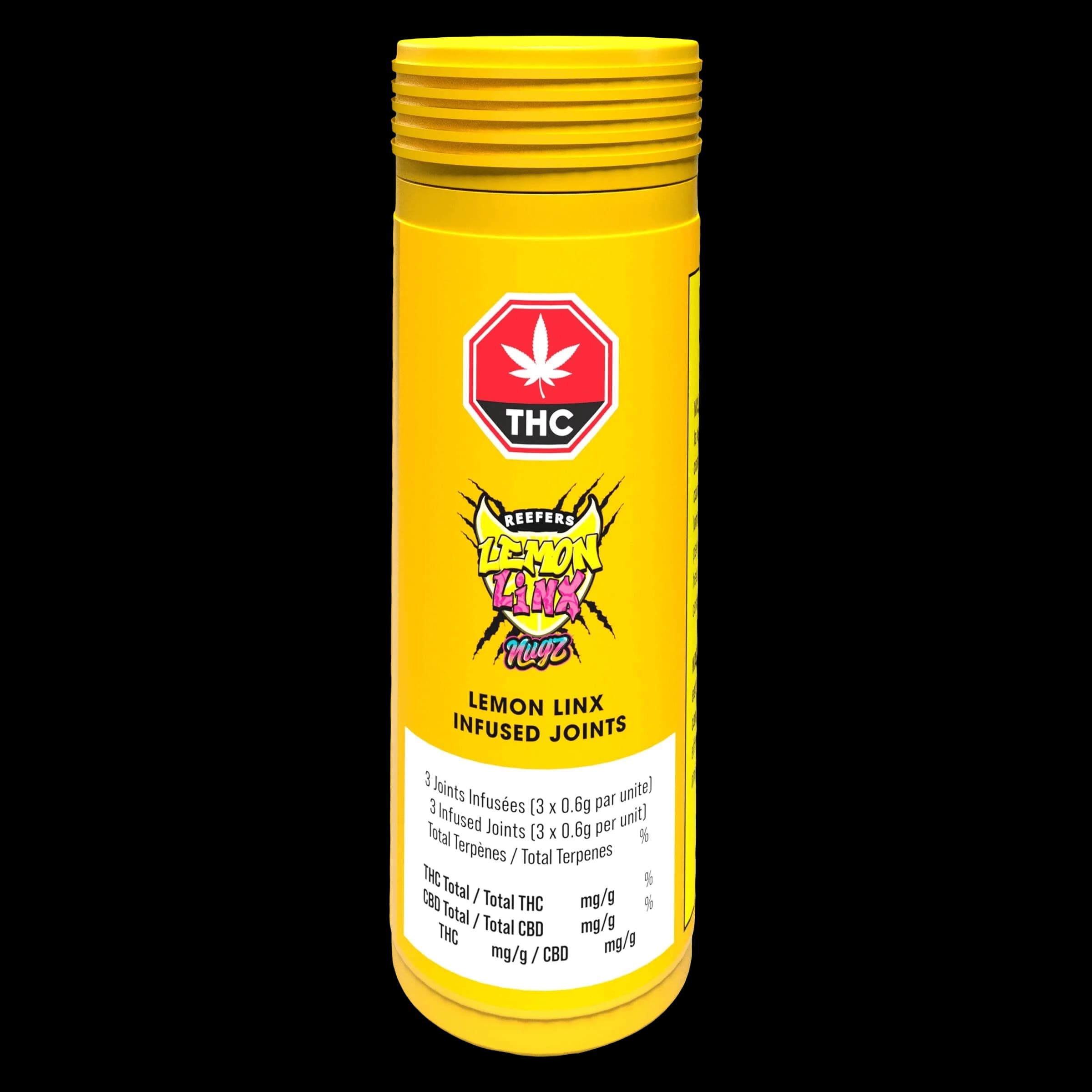 Joints infusés Lemon Linx de Nugz Infused en paquet de 3, tube jaune avec symbole d'avertissement THC et image de la variété