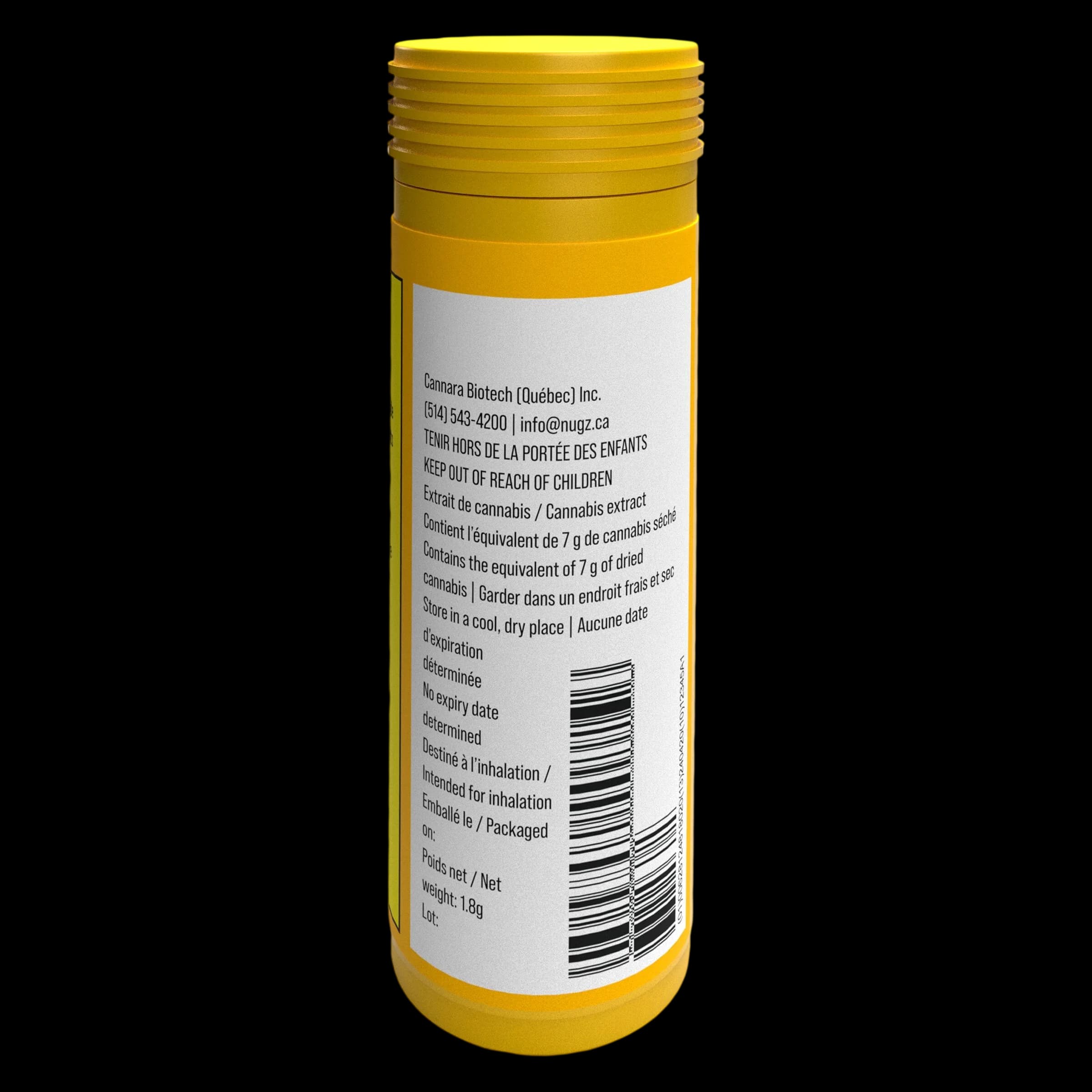 Extrait de cannabis shatter Lemon Linx infusé de Nugz Infused, 1,9 g, contenant jaune avec étiquette blanche et texte bilingue