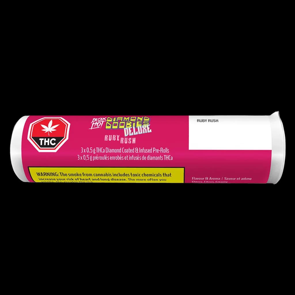 Diamond Doobies Deluxe Ruby Rush 3x0.5g THCa diamond coated and infused pre-rolls in pink tube packaging