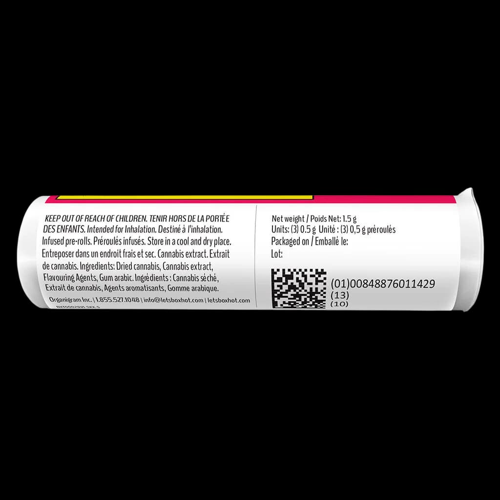 Diamond Doobies Deluxe Ruby Rush infused pre-roll pack rear label showing 1.5g net weight, bilingual warnings, ingredients, and barcode