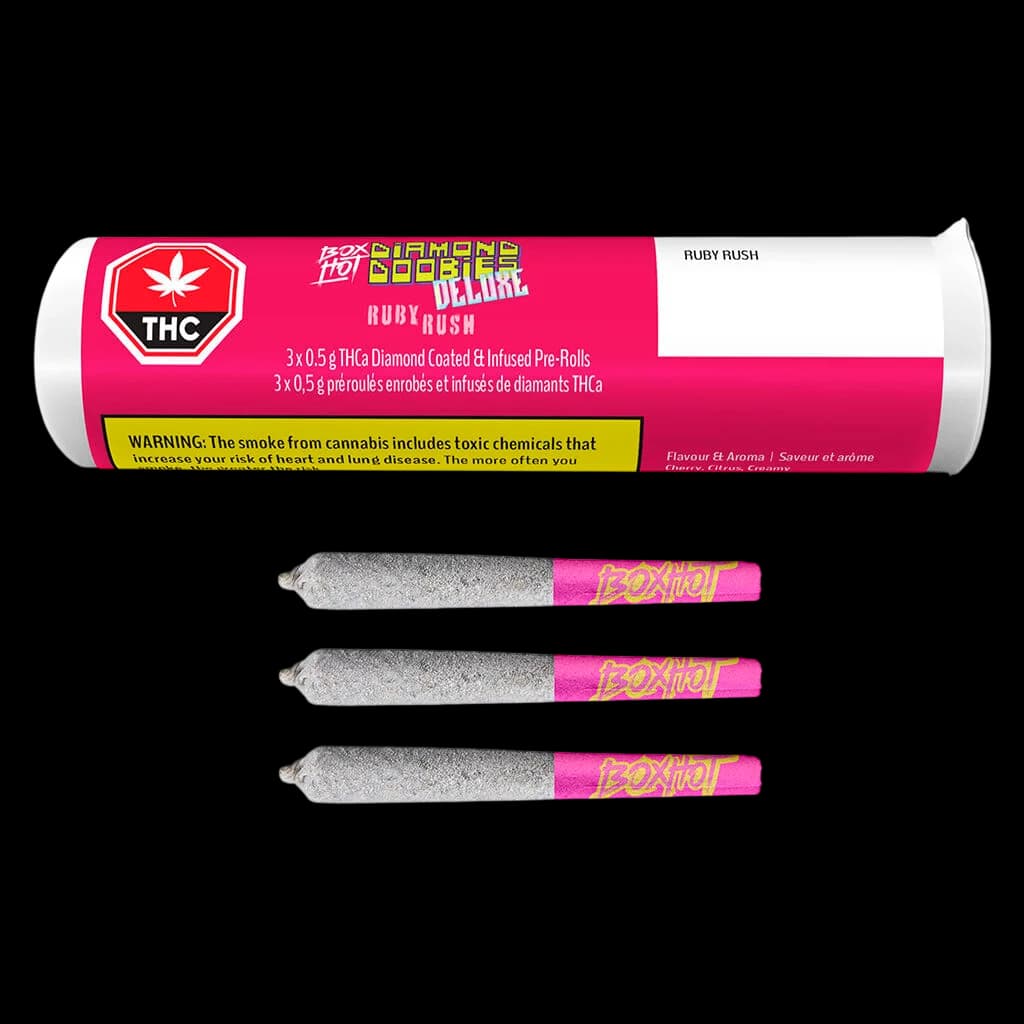 Diamond Doobies Deluxe Ruby Rush 3-pack, 0.5g THC diamond-coated pre-rolls with pink packaging and three cannabis pre-rolls displayed