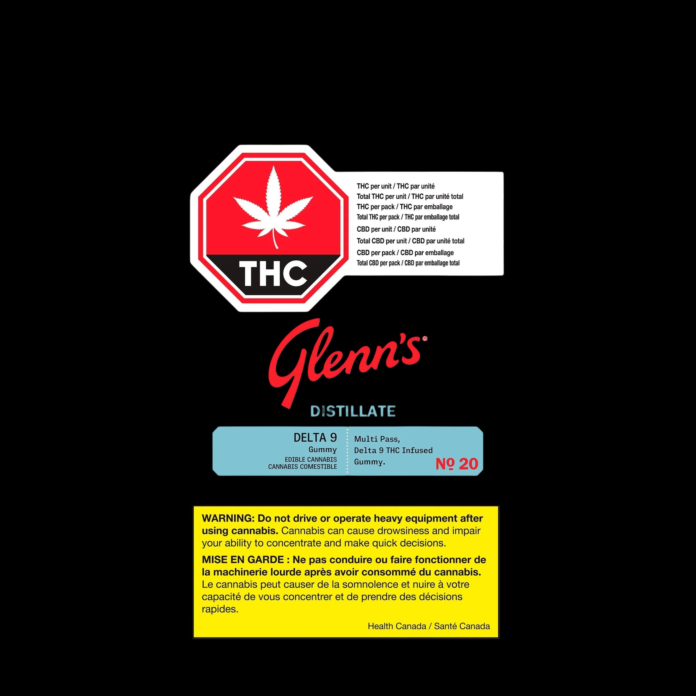 Gomme multi-pass Glenn's Distillate Delta 9 No. 20, comestible au cannabis THC avec étiquette d'avertissement de Santé Canada