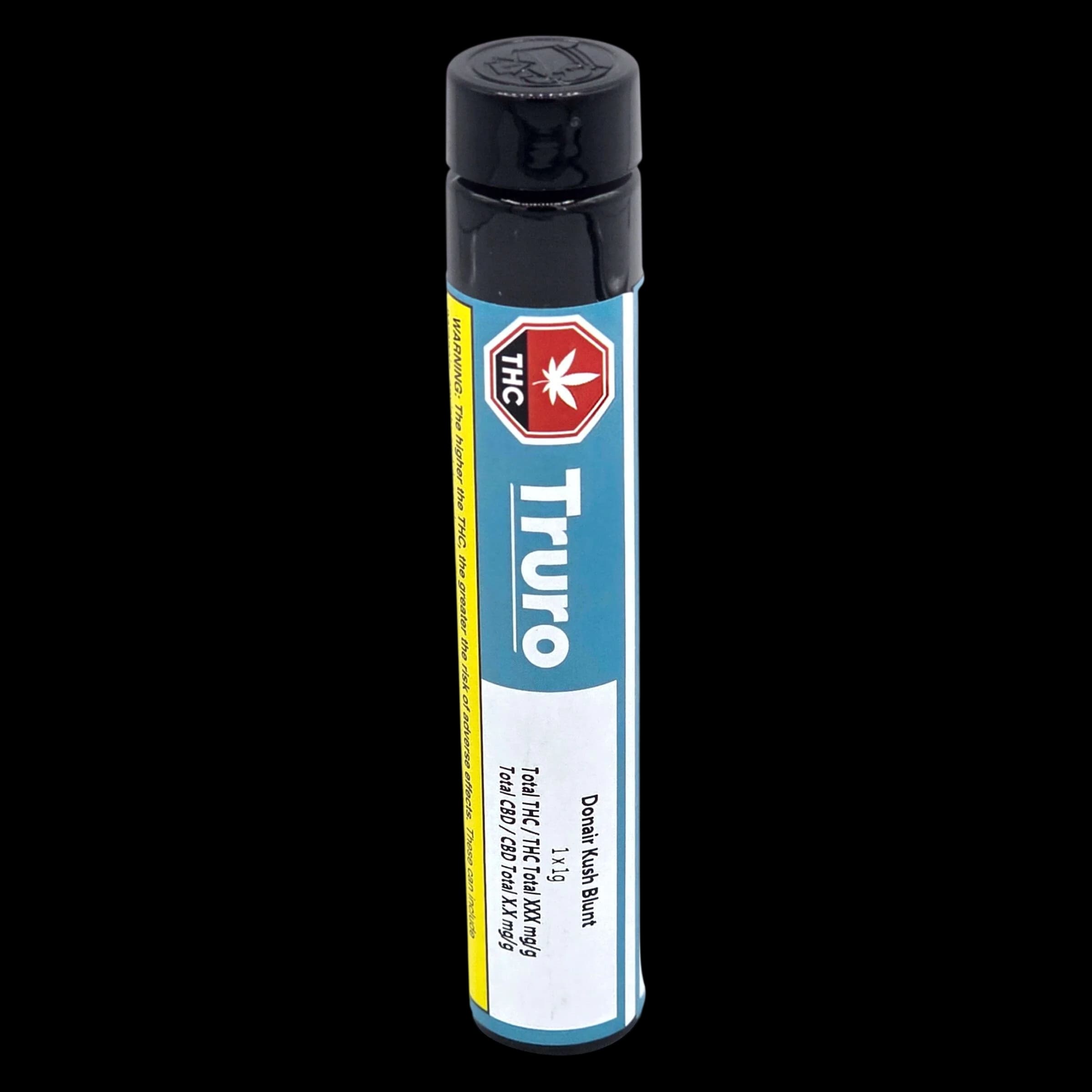 Truro Donair Kush Blunt pre-roll pack with black cap and blue label showing THC content and 1.1g weight