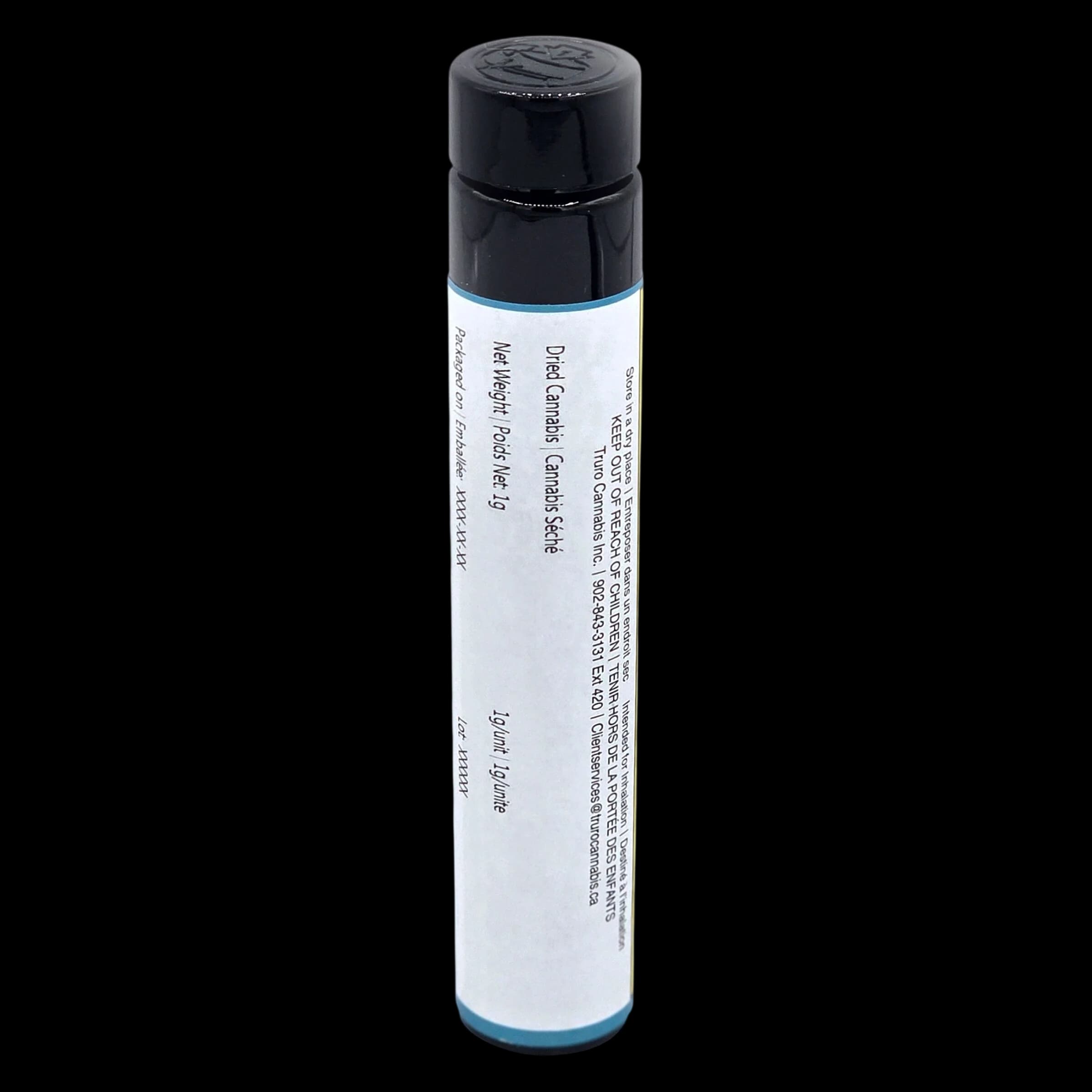 Truro Donair Kush pre-roll blunt in white tube with black cap and blue accent band