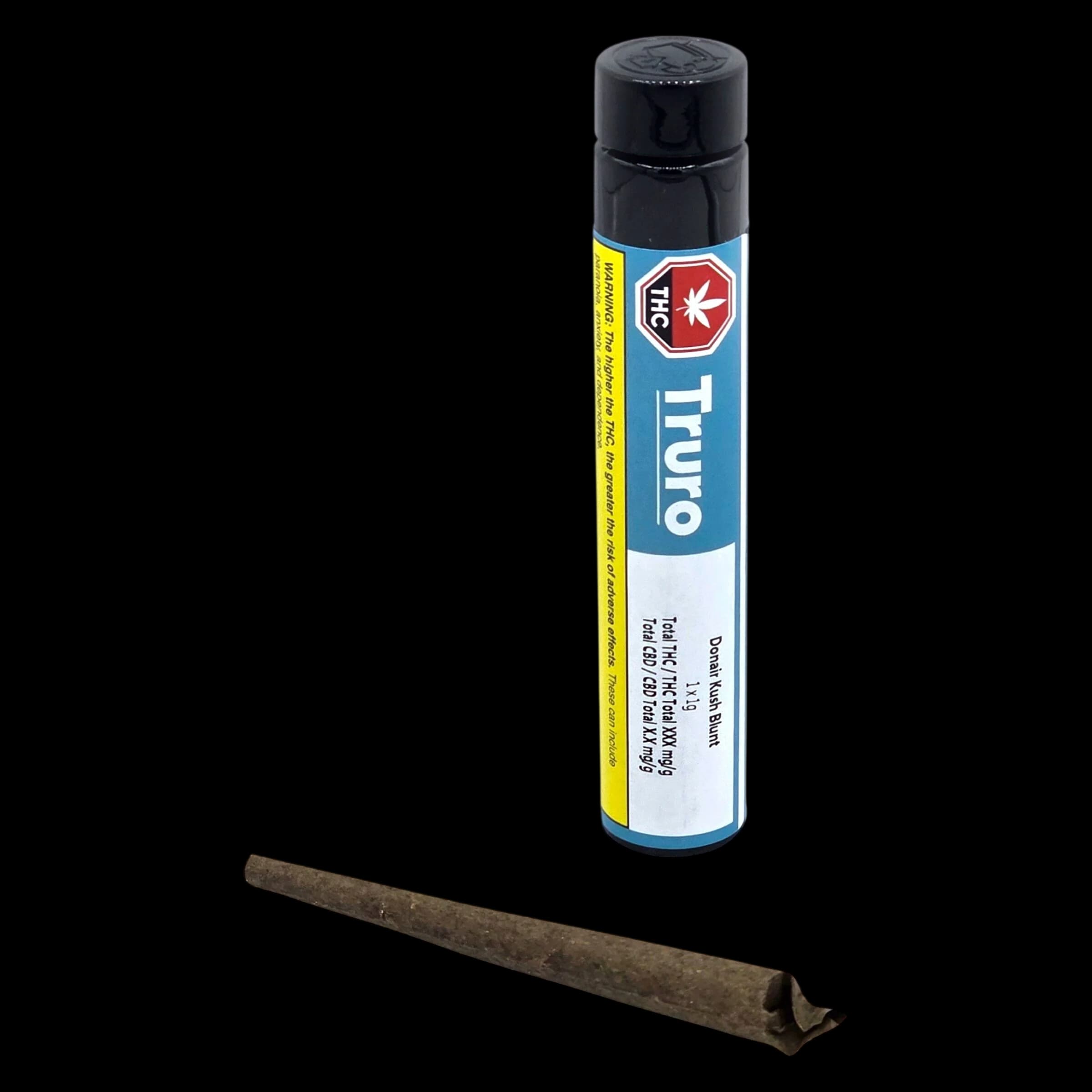 Truro Donair Kush Blunt pre-roll with packaging tube showing THC warning label and product details