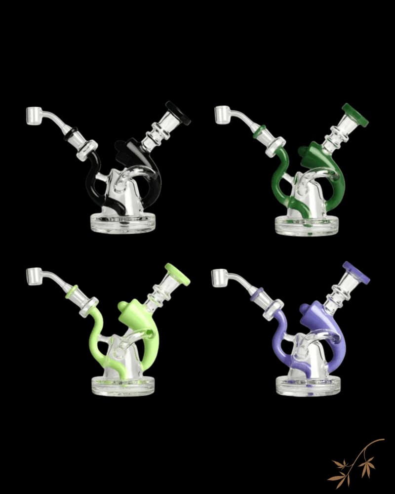 Red Eye Tek glass dab rig in four colors: black, dark green, lime green, and opal purple, each 6.75 inches tall with dual-hole diffuser
