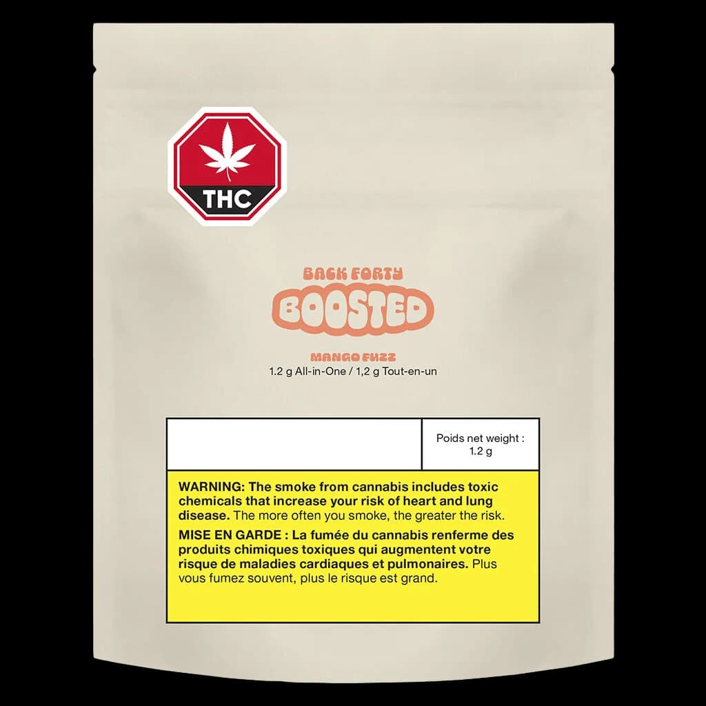 Back Forty Boosted Mango Fuzz 1.2g all-in-one cannabis vape cartridge package front with THC warning symbol and Health Canada warning label