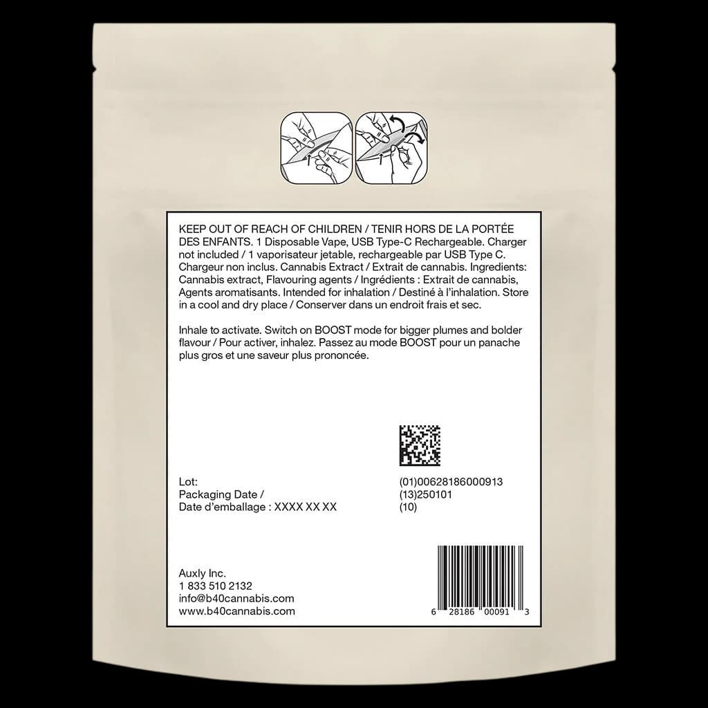 Back Forty Mango Fuzz BOOSTED disposable vape packaging rear label showing child safety warnings, cannabis extract ingredients, usage instructions, lot number, and barcode