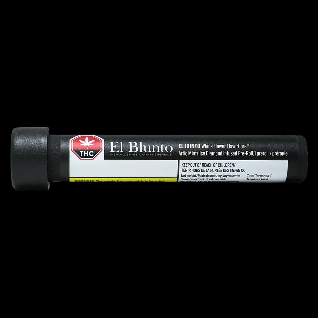 El Blunto El Jointo Whole Flower FlavorCore Artic Mintz Ice Diamond Infused Pre-Roll, 1 gram cannabis pre-roll in black tube packaging