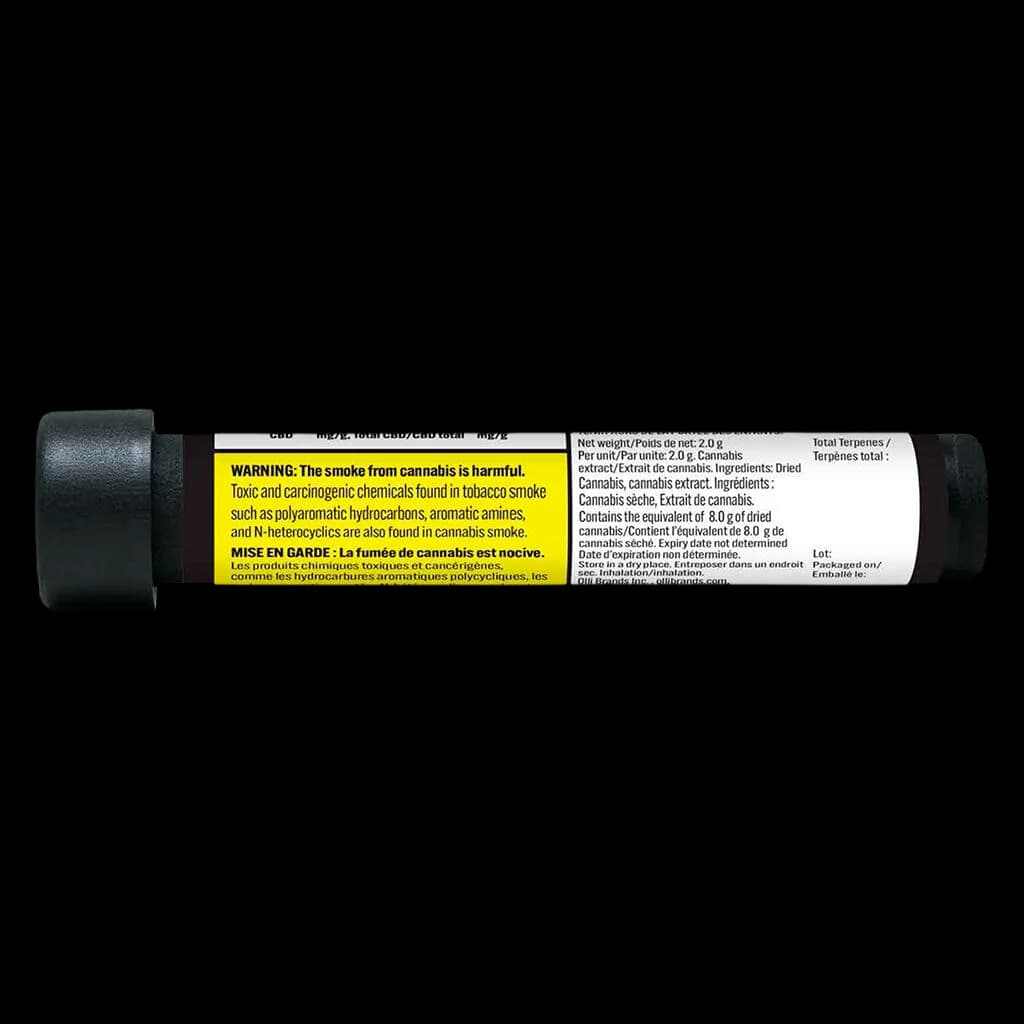 El Blunto El Jointo cannabis pre-roll with yellow Health Canada warning label visible on black tube packaging