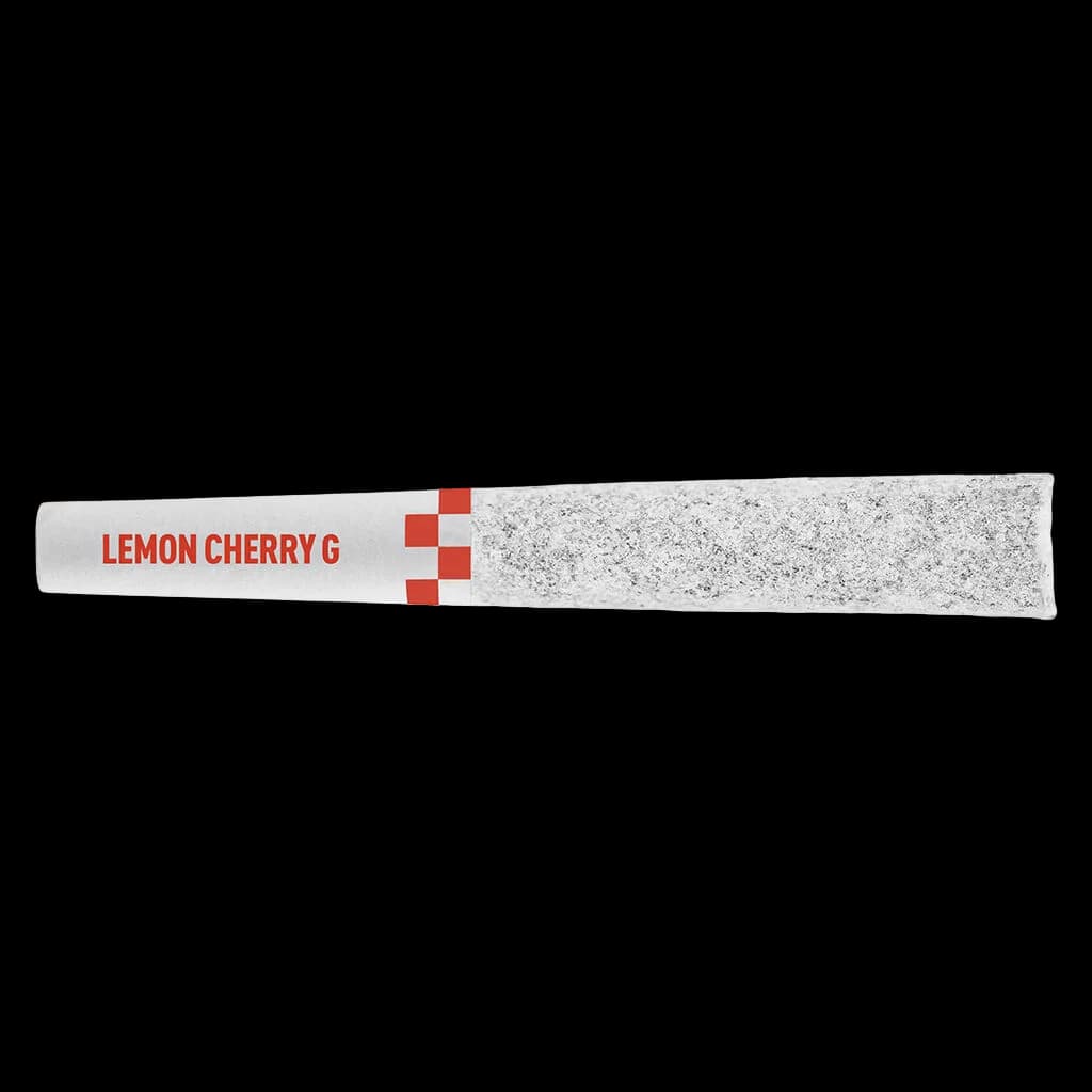 Pré-roulé de cannabis givré Lemon Cherry G de Claybourne avec étiquette blanche et filtre à carreaux rouges