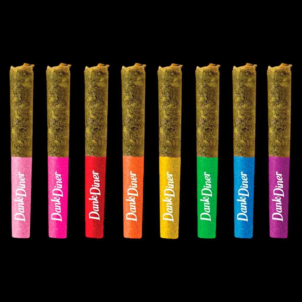 Dank Diner Float Pack infused pre-rolls in eight rainbow colours: pink, hot pink, red, orange, yellow, green, blue, and purple