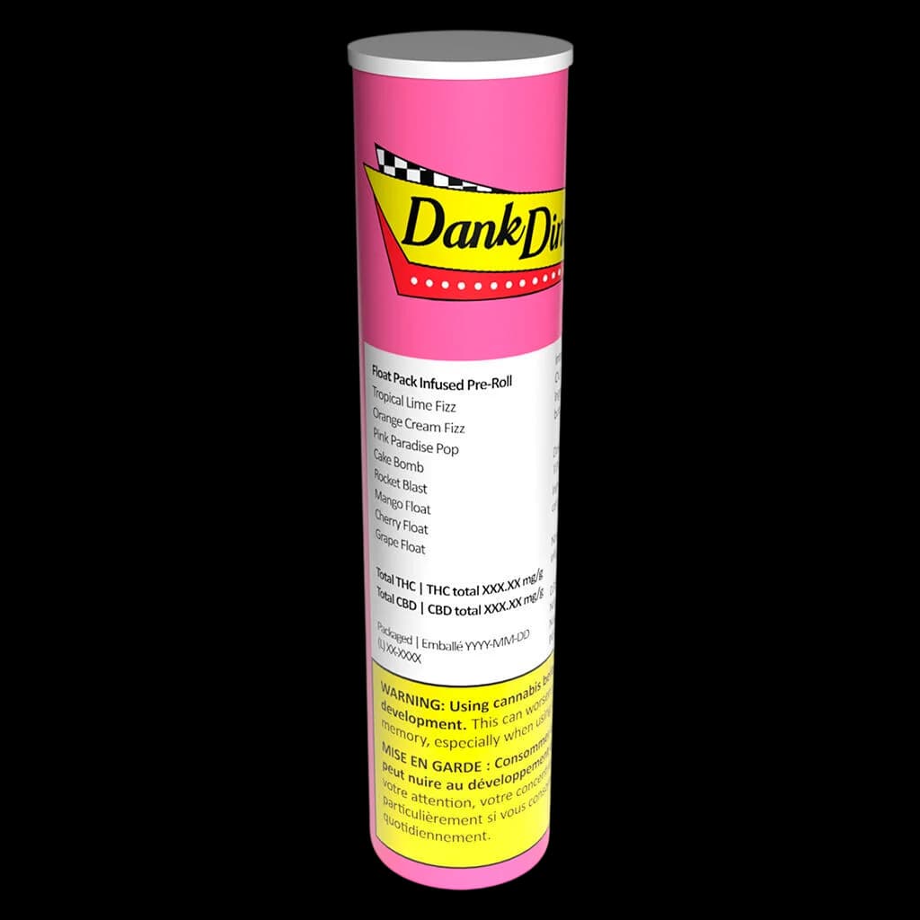Dank Diner Float Pack Infused Pre-Roll tube with pink and yellow packaging listing multiple flavours and THC/CBD content