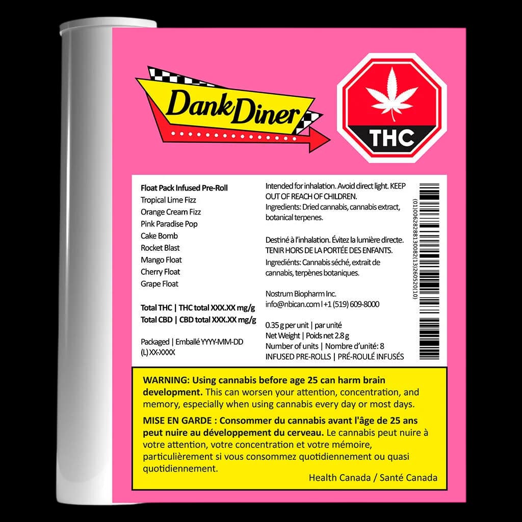 Dank Diner Float Pack Infused Pre-Roll 8-pack with pink packaging, flavors listed as Tropical Lime Fizz, Orange Cream Fizz, Pink Paradise Pop, Cake Bomb, Rocket Blast, Mango Float, Cherry Float, Grape Float. Net weight 2.8g, 0.35g per unit.