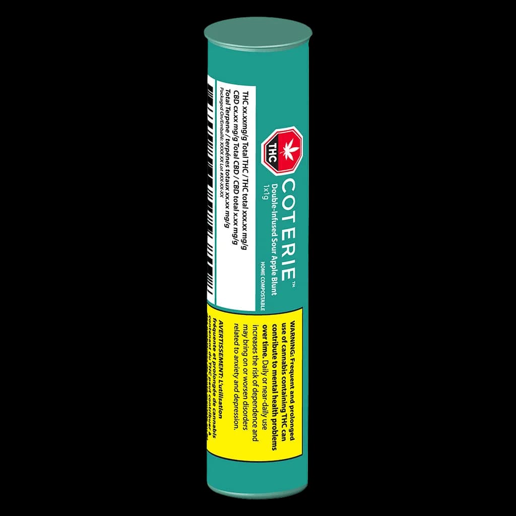 Tube de pré-roulé Coterie Double-Infused Sour Apple Blunt avec emballage sarcelle et jaune et logo THC rouge