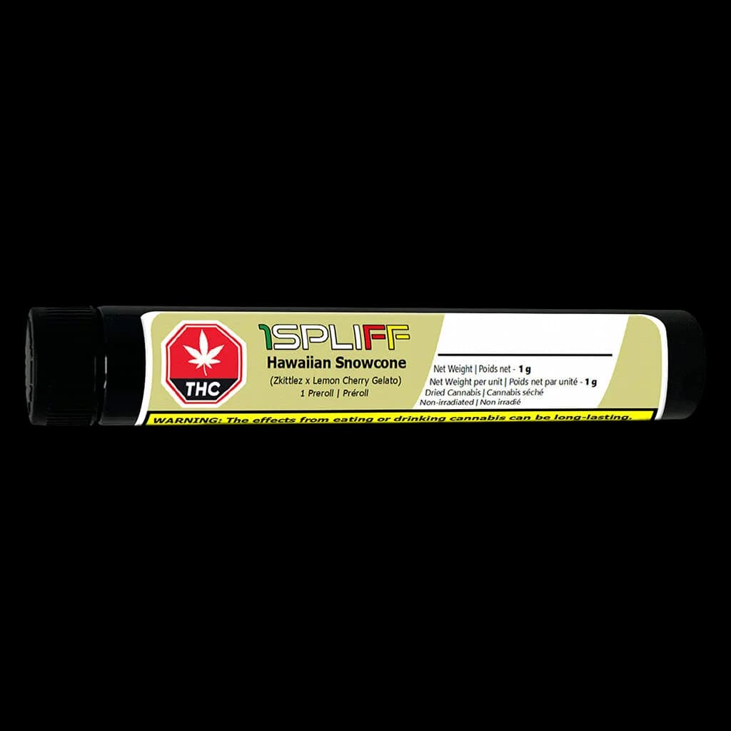 1Spliff Hawaiian Snowcone pre-roll, 1g, with Zskittlez x Lemon Cherry Gelato genetics in black tube with yellow label