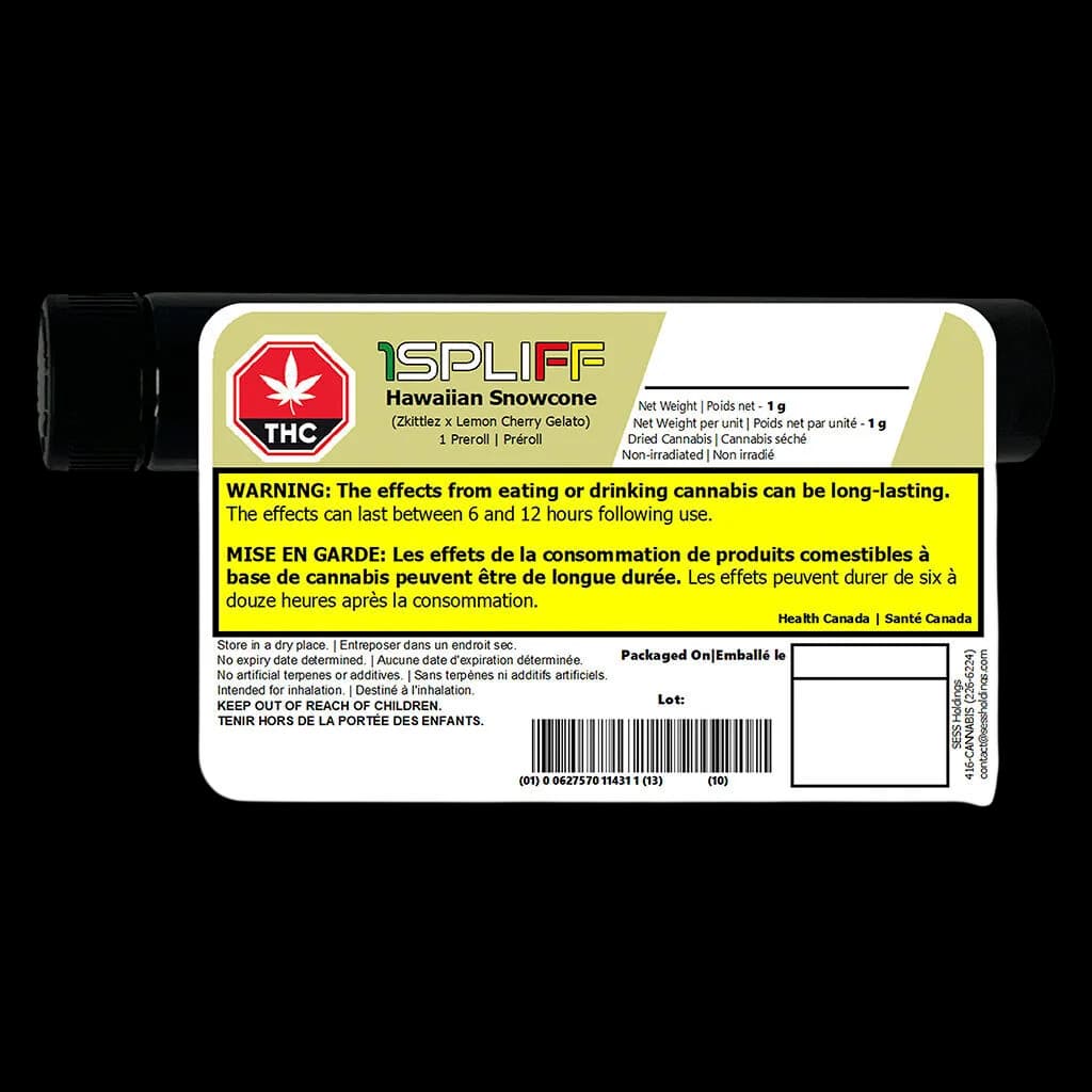 1Spliff Hawaiian Snowcone pre-roll, 1g, Zittlez x Lemon Cherry Gelato strain with premium glass tip in black tube packaging