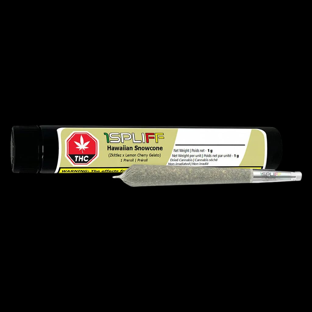 1Spliff Hawaiian Snowcone pre-roll 1g with glass tip and packaging tube displayed