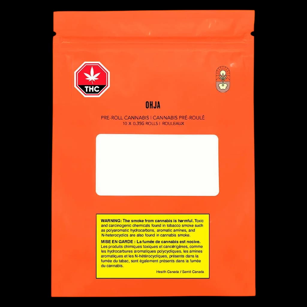 Paquet de pré-roulés OHJA El Jefe Pink, 10 x 0,35 g, emballage orange avec symbole d'avertissement THC et mise en garde de Santé Canada