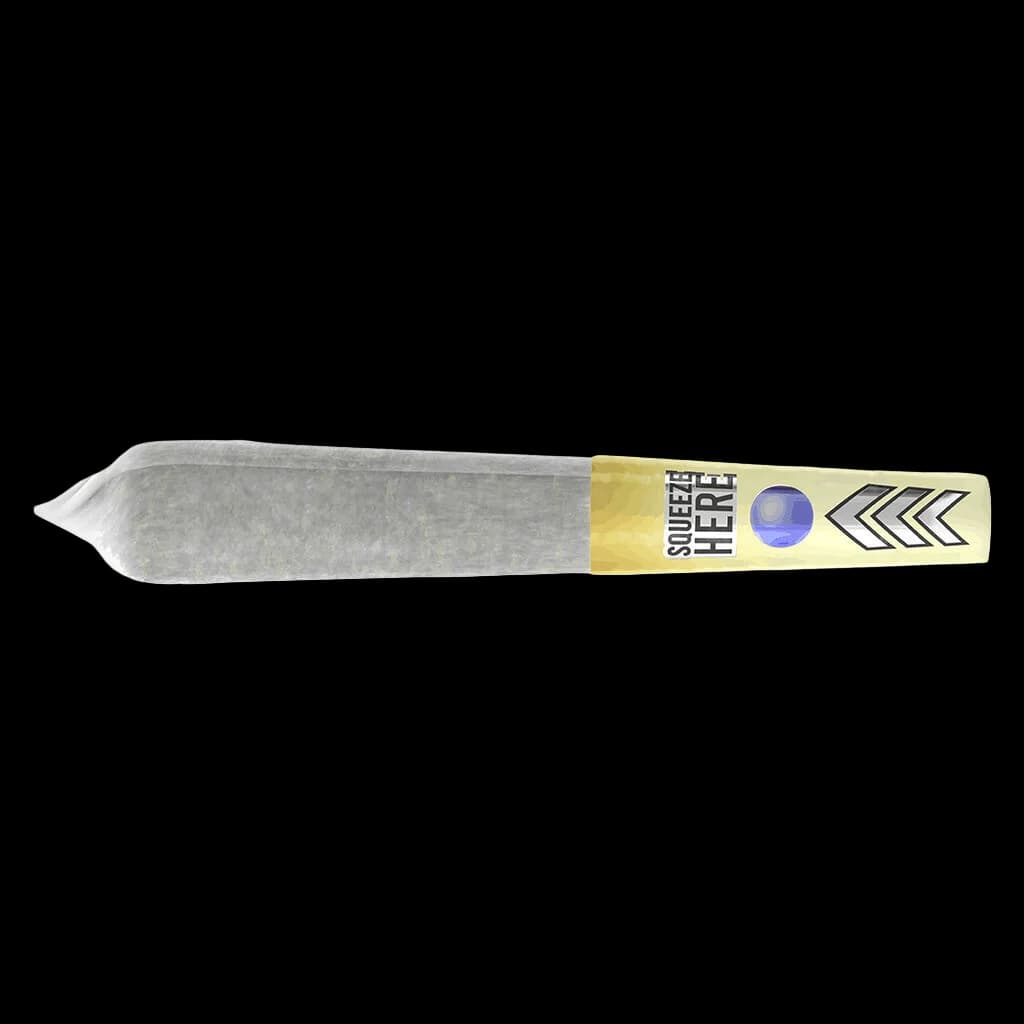 Squeeze Here pre-roll with yellow band label and purple circle indicator, cannabis pre-roll pack