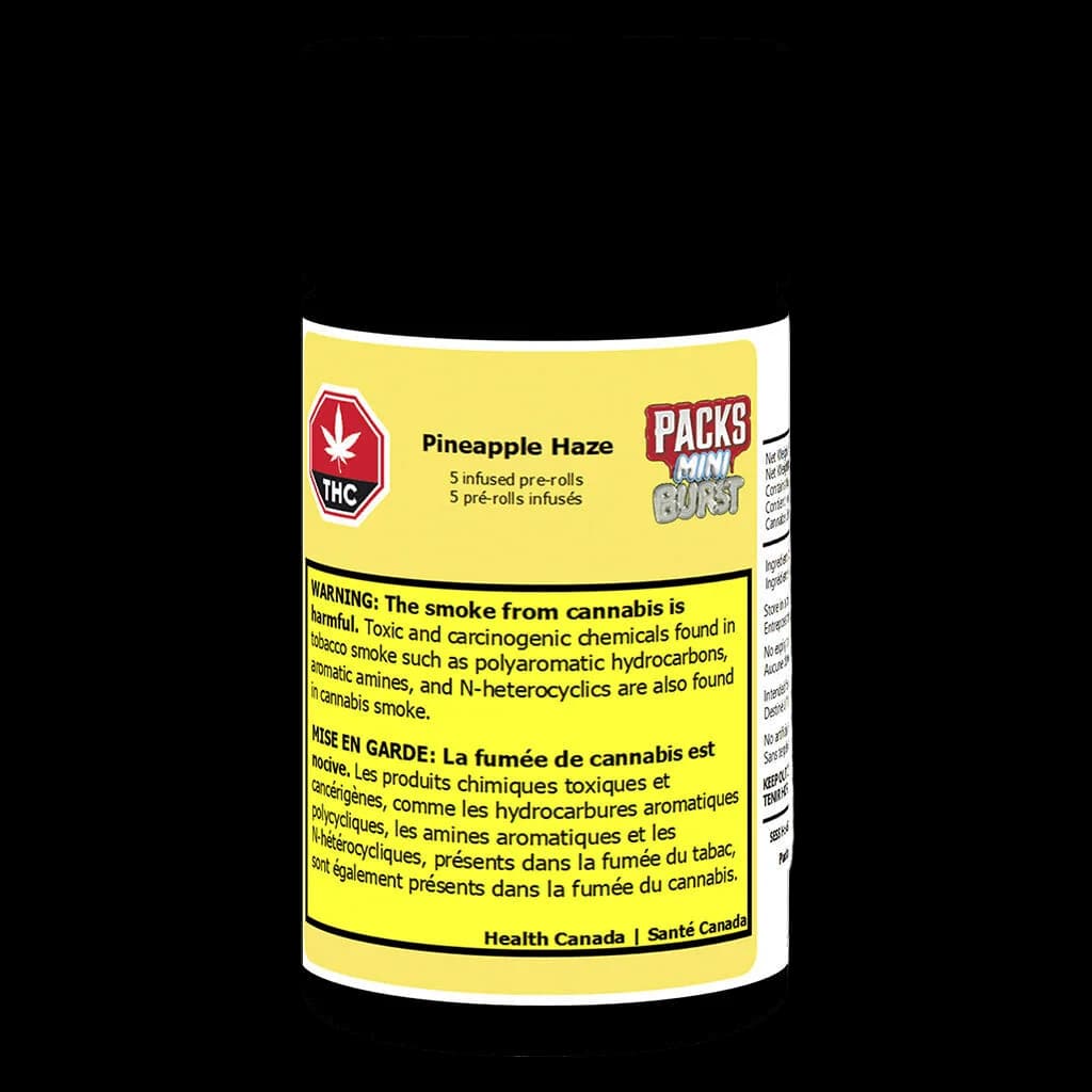 PACKS Mini Burst Pineapple Haze 5-pack infused pre-rolls with yellow label and Health Canada warning