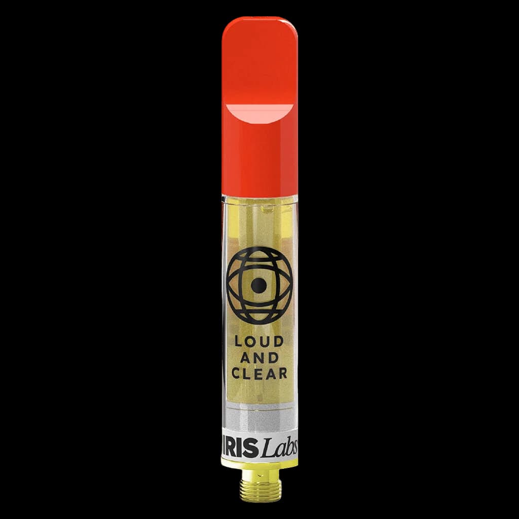 IRIS Labs Loud and Clear Live Resin 510 thread cannabis vape cartridge with red cap and gold oil chamber