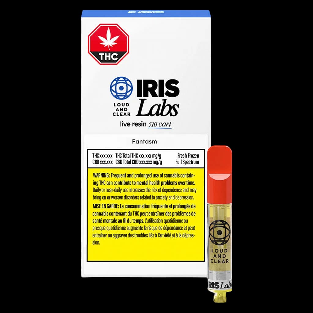 IRIS Labs Fantasm live resin 510 cart with red cap and golden concentrate visible inside cartridge