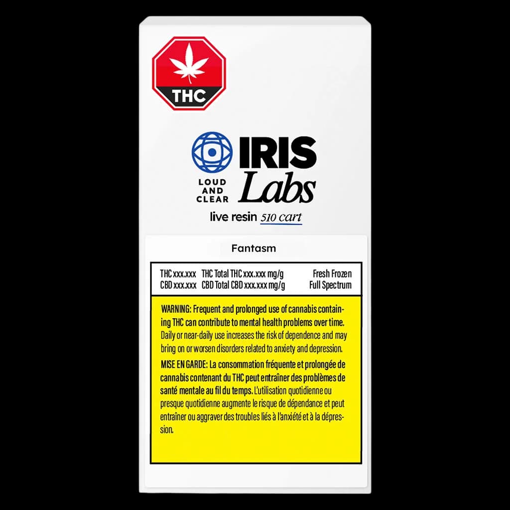 IRIS Labs Fantasm live resin 510 cart package front with red THC warning symbol and yellow health Canada warning label