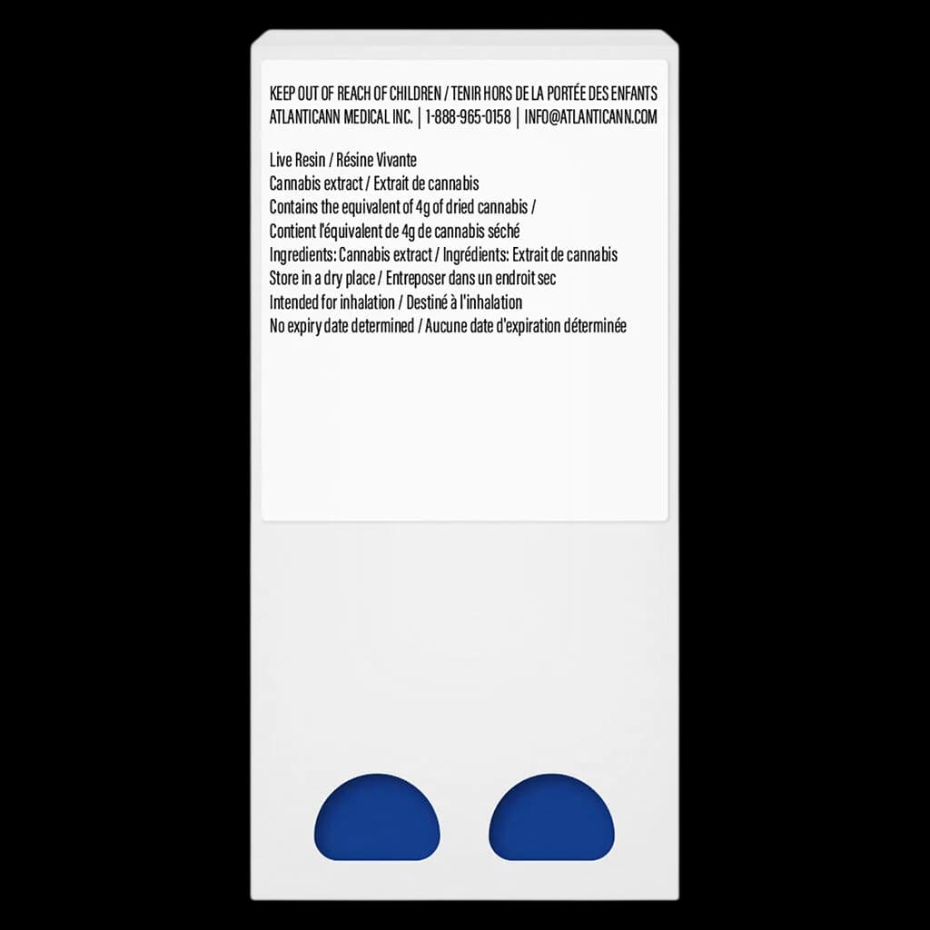 Atlanticann Medical Inc. Live Resin cannabis extract cartridge, 4g equivalent, intended for inhalation